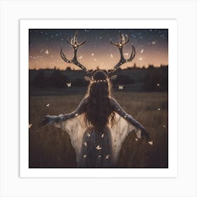 Fairy Light Antler Girl in Starry Butterfly Field Art Print