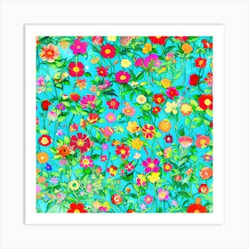 Flowers On A Blue Background Art Print