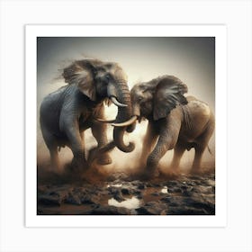 Elephants Fighting Canvas Art Art Print