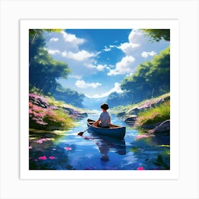 Anime Mobile Phone Wallpaper Blue Stream Boy In A Canoe Green Plants And Shrubs Blue Sky Art Print