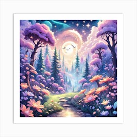 A Fantasy Forest With Twinkling Stars In Pastel Tone Square Composition 5 Art Print
