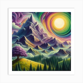 Mountain With Spiral Moon Sun Large Tree 4 Art Print