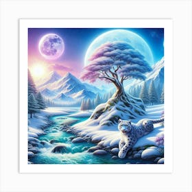 Snow Leopard next to a white tree Art Print