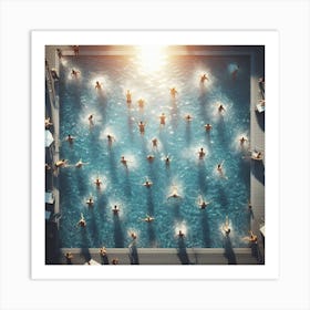 People Swimming In A Pool - A group of people swimming in a pool, with the sun shining down on them and the water sparkling. The scene is captured from a bird's-eye view, giving the viewer a sense of scale and perspective. Art Print