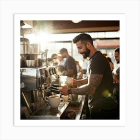 Barista Swiftly Spinning Pouring Water Into A Gleaming Espresso Machine Amidst Morning Rush In Bu (5) Art Print