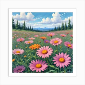 Close Up Of Pink Daisies In A Summer Meadow Art Print