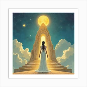 Goddess Like Figure Standing Before A Celestial Temple, Watercolor Style 1 1 Art Print