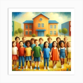 Unity In Diversity Wall Print Art A Heartwarming Depiction Of Children United In Front Of A School, Perfect For Promoting Inclusivity And Friendship In Any Educational Space Art Print