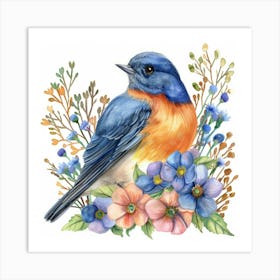 Bluebird With Flowers Art Print