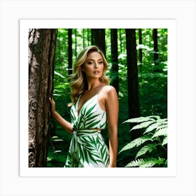 Beautiful Woman In Green Dress In The Forest Art Print