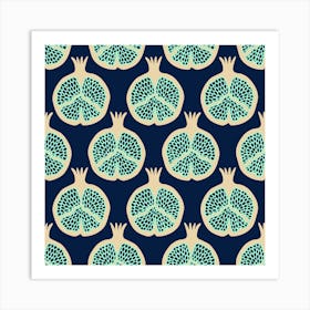 POMEGRANATES Fresh Ripe Plump Fruit in Sand Mint on Midnight Blue Art Print