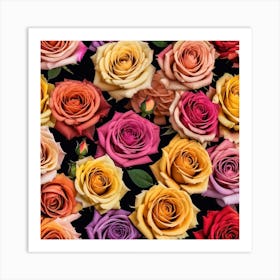 Colorful Roses On Black Background Art Print