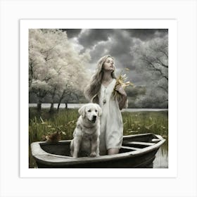 Girl In A Boat With Her Dog Art Print