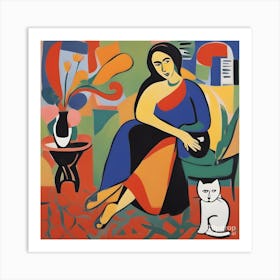 Matisse Style Woman With A Cat 1 Art Print