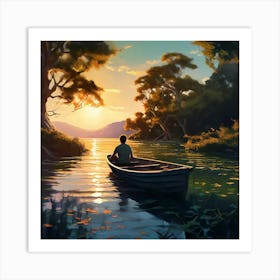 Man In Old Boat Relaxing In Big Lake Sun Going Down On Hirision Pale Blue Water Olive Green Trees Art Print