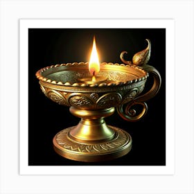 Ornate Golden Oil Lamp With Flame Art Print