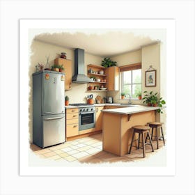 Beautifully Designed Kitchen In Watercolor, Warm And Cozy 1 Art Print