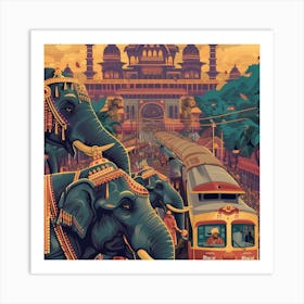 Elephants On The Train Art Print