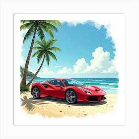 Ferrari On A Watercolor Beach With Waves And Palm Trees In The Background 1 1 Art Print