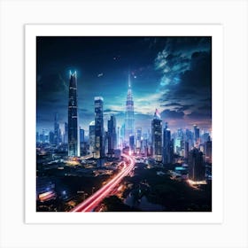 Bangkok Cityscape Set In A Futuristic Era Skyscrapers Ablaze With Neon Lights Merging Seamlessly W Art Print