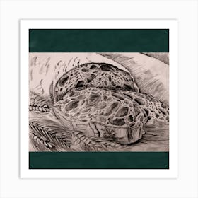 bread, slice of bread, ears of wheat; dark green background Art Print