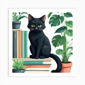 Black Cat On Bookshelf Art Print