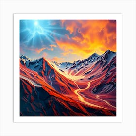 Sunset In The Mountains - Style of William Morris Art Print