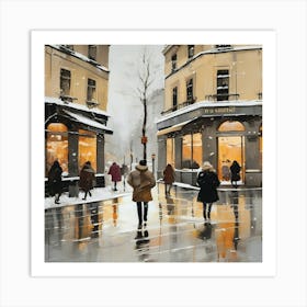 Paris cafes, winter season, Christmas, pale colors, pedestrians in the street, winter clothes, falling snow.5 Art Print