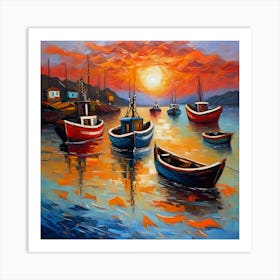 Boats In The Harbor At Sunset Art Print