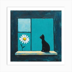 Teal Blue Cat And Daisy By the Window Art Print