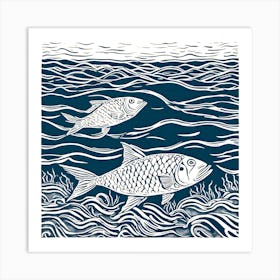 Linocut Two Fish In The Sea Art Print