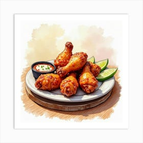 Watercolor Art Of A Tender And Juicy Bbq Chicken Wings On A Chic Restaurant Table Art Print