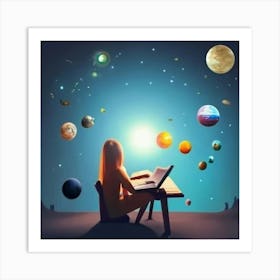 Girl Studying With Planets Art Print