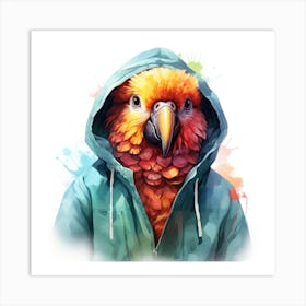 Watercolour Cartoon Parrot In A Hoodie Art Print