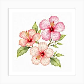 A Watercolor Arrangement Of Tropical Hibiscus Flowers Art Print