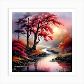 Autumn Trees By The River Art Print