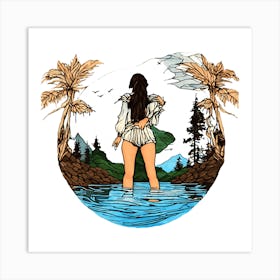 Woman Swimming Among Palm Trees Art Print