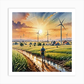 Water Colored Painting Of Landscape Farming Farmer Sun Rising Wind Turbine 2d Art Water Color Spray Art Print