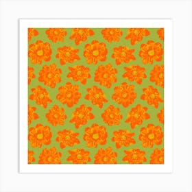 COSMIC COSMOS Multi Abstract Floral Summer Bright Flowers in Coral Orange Yellow on Lime Green Art Print