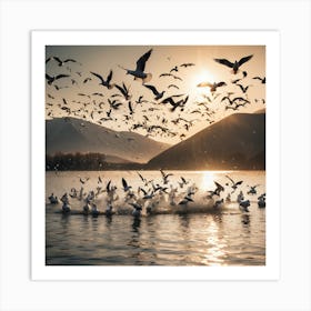 Seagulls Flying Over Lake Art Print