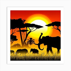 Silhouette Of Elephants At Sunset Art Print