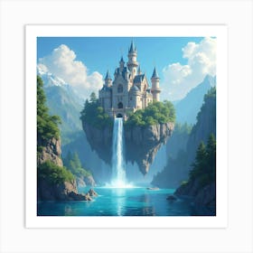 A Grand Castle Floating Above A Sparkling Lake With Cascading Waterfalls 1 Art Print