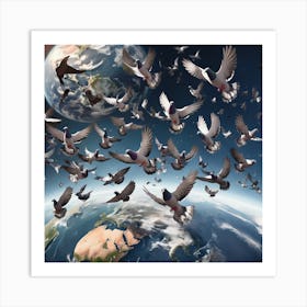 Pigeons Flying Over The Earth Art Print