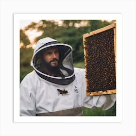 Beekeeper Holding Hive Art Print