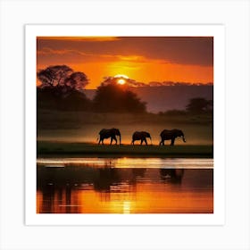 Sunset Elephants Art Print