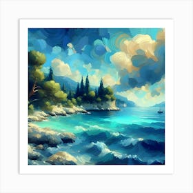 An Impressionist Seascape With A Color Palette Of Blues And Greens 3 Art Print