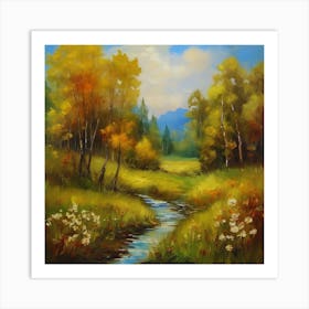 Oil Painting.Canada's forests. Dirt path. Spring flowers. Forest trees. Artwork. Oil on canvas. Art Print