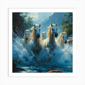 Water Horses Galloping Through A Wild Stream A Colossal Wave Rising Behind Them As Spray Cascades A Art Print