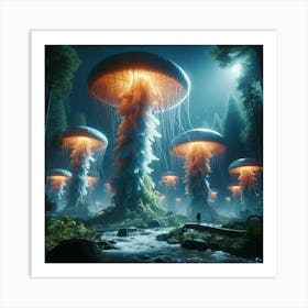 Enchanting Fantasy Art: Gigantic Mithril Jellyfish, Moonlit Forest with Glowing Mushrooms | Epic Cinematic 8K Resolution Matte Painting | Trending on Artstation & Unreal Engine 5 Art Print