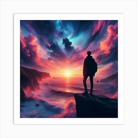 Person Standing On Cliff At Sunset Art Print